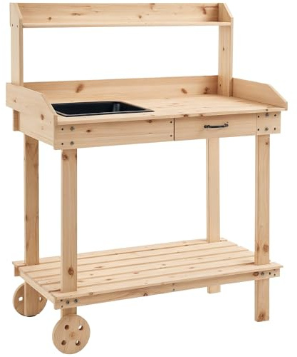 Outsunny Garden Potting Bench Table, Wooden Work Station, Outdoor Planting Workbench with 2 Wheels, Sink, Drawer & Large Storage Spaces, 92x45x119cm