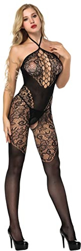 Bommi Fairy Women's Fishnet Teddy Sexy Lingerie Lace Flexible Sling Lingerie Mesh Bodysuit Babydoll Chemise Nightwear Halter Garter Dress (Black)