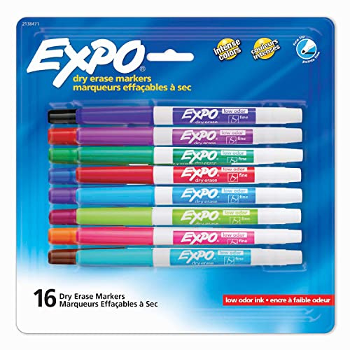 EXPO Dry Erase Markers, Whiteboard Markers with Low Odor Ink, Fine Tip, Assorted Vibrant Colors, 16 Count