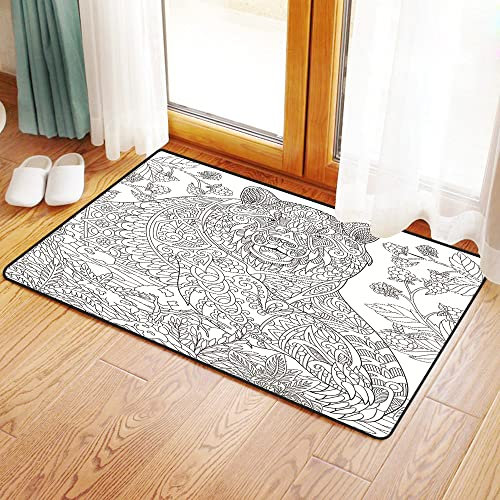 Badteppich Badteppichmatte für Badezimmer,Grizzly Bear unter Brombeeren Himbeeren im Wald Freihandskizze für Erwachsene Anti-Stress-Malbuch Seite Doodle,Dekormatte Bodenteppich Teppiche Bodenmatte