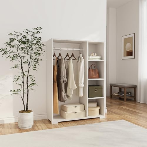 [en.casa] Armoire pour Chambre Portant à Vêtements Garde-Robe Ouvert avec Barre de Penderie 4 Compartiments de Rangement Panneau de Particules Plastique 126 x 90 x 30 cm Blanc