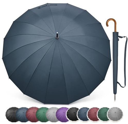 G4Free 54 Inch Large Windproof Umbrella for 2 Persons, 16 Ribs Auto Open Classic Wooden J Handle Cane Stick Golf Rain Umbrellas for Men Women Travel 120cm (Blue)