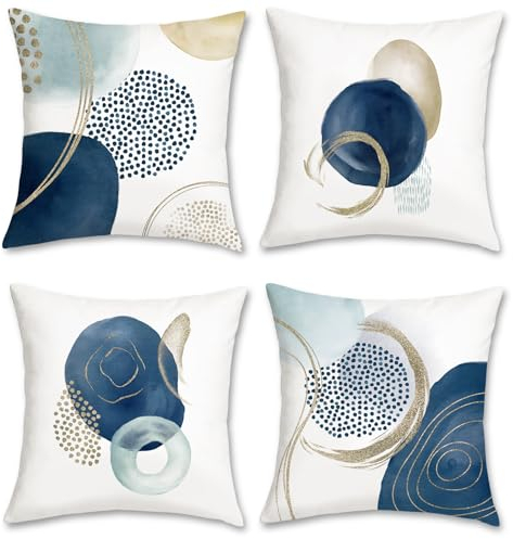 Bonhause Fundas Cojines Abstracto Boho 45 x 45 cm Funda de Almohada Mediados de Siglo Minimalista Moderno Geométrico Azul Cojines Decorativos para Sofá Cama Hogar Patio Juego de 4