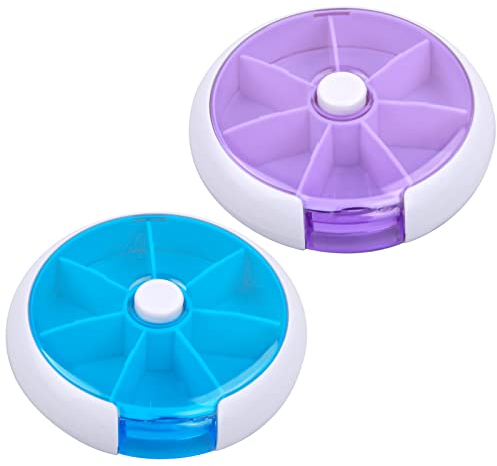 2 Pcs Pilulier de Voyage 7 Jours, Plastique Boîtes à Pilules Ronde Portable, Pilulier de Poche 7 Compartiments, Mini Étui à Pilule, Boîte à Comprimés Journalier Semainier pour Suppléments, Violet+Bleu