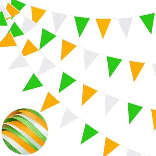 Guirlande de fanions en tissu, 20 m, 52 pièces, imperméable, réutilisable, drapeaux triangulaires en polyester, blanc, vert, orange, pour décorations de fêtes, anniversaires, extérieur, jardin