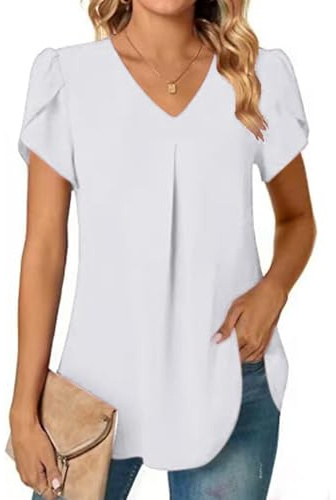 SHEKINI Damskjorta elegant chiffong t-shirt dam kortärmad blus med V-ringning sommarblus ledig topp t-shirt sexig kortärmad damkläder, Vit, XL