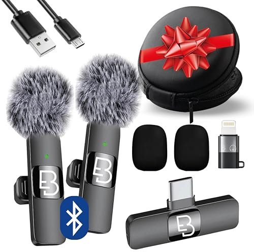 EMIR BEY® 2 Pack Micrófono Inalámbrico Solapa | Wireless Plug&Play para iPhone, Android, iPad y PC | Reducción de Ruido y Filtro Antiviento | Podcast, Youtube, TikTok y Streaming Profesional