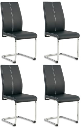 Colorig Faux Leather Dining Chairs Set of 4, High Backrest Kitchen Chairs with U Shape Chrome Metal Legs, Easy Clean Chair for Living Room Dining Room Office Kitchen (4, Black)