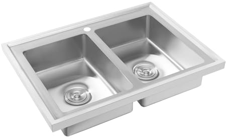 Double évier encastrable en acier inoxydable, lavabo de cuisine avec meuble bas et 2 bacs, plan de travail de cuisine, grande capacité et protection anti-éclaboussures, 80 x 60 x 15,5 cm, argenté