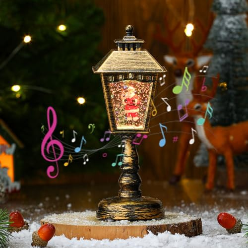 Christmas Snow Globe Lantern with Music & Light, Christmas Decoration Vintage Resin Snowglobe, Water Glittering Snowing Globe Night Light Santa Claus Lantern USB & Battery Operated Xmas Gifts Ornament