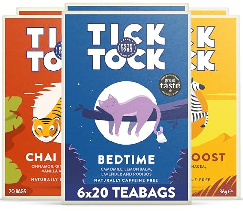 Tick Tock Herbal Tea Wellbeing Selection Box | Gift Set |Organic Bags |Bedtime, Chai Relax, Ginger Boost |Naturally Caffeine Free Biodegradable Teabags | Pack of 6 x 20 Tea Bags (120 Teabags)