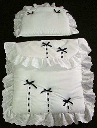 Bedding Set for Silver Cross Dolls Prams, Compatible with Oberon and Chatsworth Models (Navy Ribbon Design)