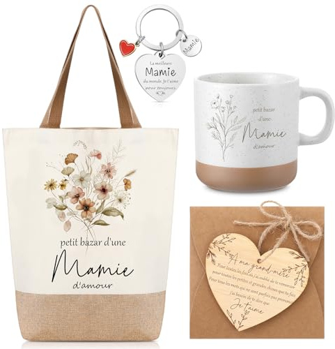Geiserailie Coffret Cadeau Mamie Sac Toile, Porte-Clé, Tasse, Pièce Bois | Sac en Toile de Jute, Enveloppe, Corde de Chanvre, Pièce en Bois, En Forme de Cœur, Pour Fête des Mères, Anniversaire