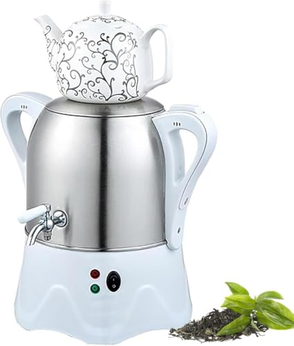 Turkisk elektrisk tebryggare, Samovar i rostfritt stål med 3 L vattenkokare och 1 L keramisk tekanna, elektrisk vattenpanna med två lager för traditionell tebryggning, automatisk varmhållningsf white