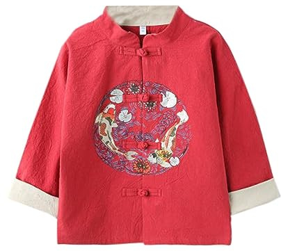 XueXian Kinder Hemd Hanfu Baumwolle Leinen Tang Anzug Chinesische Kungfu Tai Chi Jacke(Rot, China 100: 3-4 Jahre)