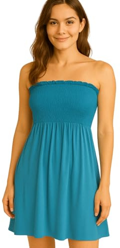 STAR FASHION Women’s Strapless Sheering Ruched Bandeau Dress Plain Boob Tube Sleeveless Midi Dress Summer Holiday Beach Flared Dress Soft Stretch Teal 16-18