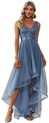 Ever-Pretty Vestito da Cerimonia Ballo Scollo a V Orlo Alto-Basso Stile Impero Abiti da Damigella Donna Denim Blu 48