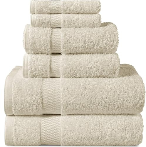various Juego de Toallas de Beige Premium de 6 Piezas 100% Algodón de 500gsm, Ideal para baño y Piscina, Resistentes, Suaves y Absorbentes(2xDucha, 2xLavadoy 2xTocador)
