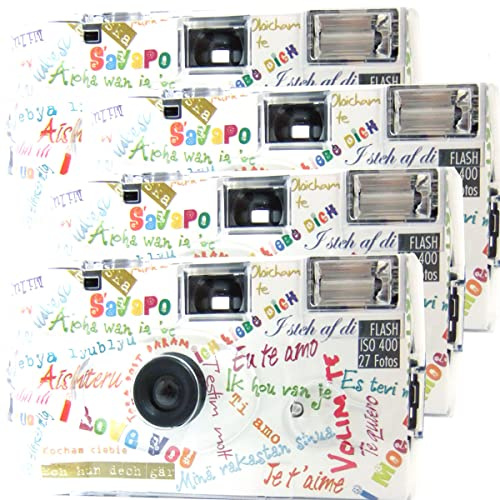 4 X 1A PHOTO PORST Fotocamera usa e getta Edition I Mog Di in bianco, multicolore, con flash, batterie e pellicola (confezione da 4 pezzi ciascuno)