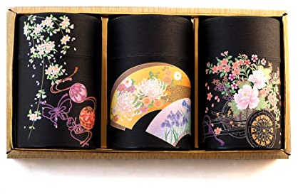 Hanaguruma - Juego de latas de té japonesas con cierre aromático en caja de regalo para 3 hojas de té de 150 g de diámetro 7,5 cm, altura de 12,5 cm