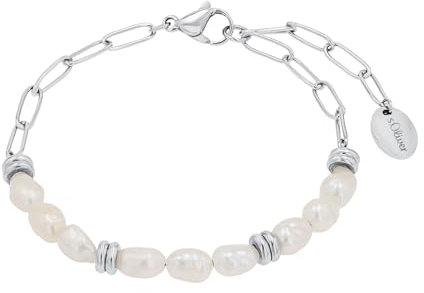 s.Oliver Armband Edelstahl Damen Armschmuck, mit Süßwasserzuchtperle, 17+3 cm, Weiß, Kommt in Schmuck Geschenk Box, 2039728
