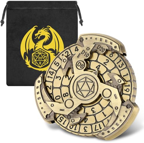 DND Radwürfel Spinner, Fingerspitzen Gyro, 7-in-1 Metall D&D Würfel, Roulette Würfel Spinner für DND Würfelset, D&D Geschenke mit Drachen Logo Geschenktüte, RPG, Rollenspiel Brettspiel Zubehör, Bronze