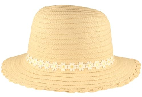 Chapeau de paille pour enfant - Chapeau de plage coloré pour enfant - Cloche pliable et flexible - Pour fille - Beige - Fleurs - Bande 52