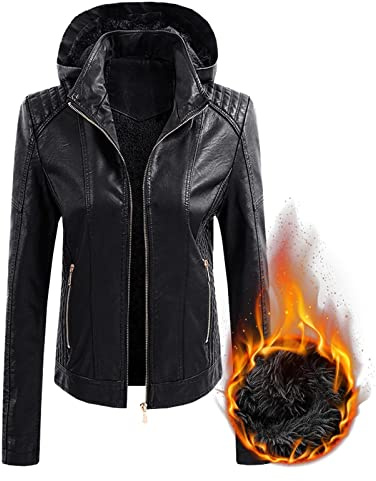 Chaqueta de cuero con capucha para mujer, abrigo de invierno cálido con forro de piel de manga larga Y2K, chaqueta con cremallera completa con bolsillos, casual, para motocicleta, ropa de abrigo de