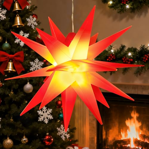 3D-julstjärnbelysning, 30 cm julstjärnor, LED, vikbar julstjärnbelysning, stjärnor med varmt vitt LED-ljus, julstjärnor för fönsterdekoration, fest (röd)