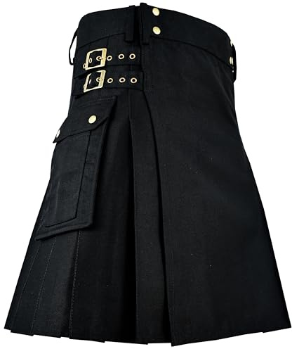 NINE AXIS Black Utility Kilt for Men Traditional Scottish Highland Wear Solid Pleated Cotton with Cargo Pockets