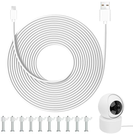 Câble USB-C 10m 66W Charge Rapide, Rallonge d'alimentation Compatible Caméras de Sécurité Mi et Autres Marques, PVC Résistant, Installation Facile avec 20 Pinces