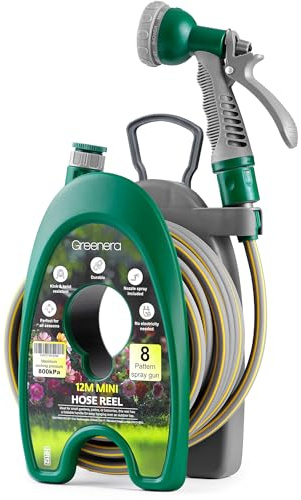 Garden Hose Reel 12M, 39ft Compact Hosepipe with 8-Pattern Water Spray Gun, Adjustable Nozzles, Portable Compact Hosepipe Mini Garden Hose Pipe Reel for Gardens, Patio Balconies
