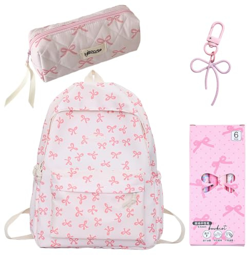 CYGMRFH Sac à Dos Fille Nœud Rose Set Scolaire, Cartable École avec Trousse, 6 Stylos Gel et Porte-Clés Nœud, Grand Sac d'École Fille Collège Primaire
