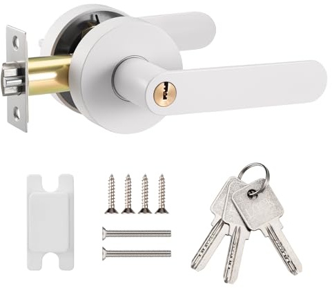 Faankiton Door Handle with Lock, Reversible Door Handles, Entry Door Lever | Internal Door Handle Knob Sets, Security Door Lock Set, Privacy Door Lever with Keys for Bedroom Bathroom etc. (White)