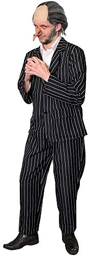 ADULTS EVIL ORPHAN CATCHER COSTUME PINSTRIPE BUTTON UP JACKET WITH MATCHING TROUSERS, BALD CAP WITH ATTACHED GREY HAIR AND LONG FAKE NOSE (SMALL)