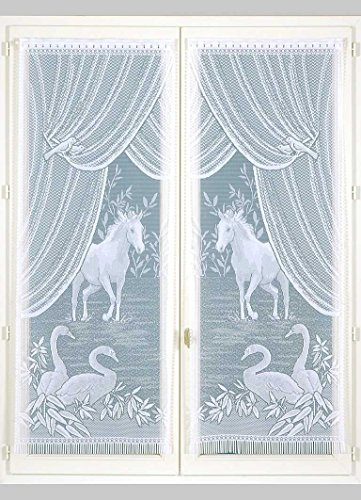 Home Maison - Paire de Petits Voilages Esprit Équestre - Polyester - Motifs Floraux et Animaux - Tunnel Passe Tringle - Transparent Tamisant - Fenêtre Salon Chambre - 60 x 120 cm - Blanc