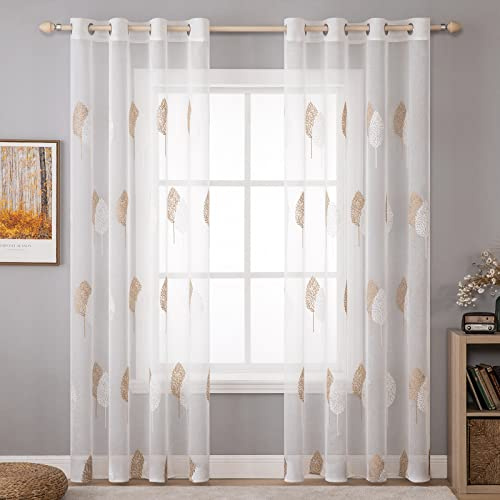 MIULEE Tende per Interni Moderne 2 Pezzi 140x260 CM, Voile Tenda Finestra Interno Salotto, Tenda Trasparente con Ricami a Foglie Motivi, Fantasia Tende Camera da Letto Soggiorno Occhielli