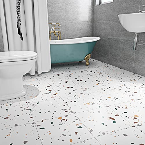 Livelynine Lino Sol Adhesif 30x30CM Épais Terrazzo Stickers Cuisine Sol Lame PVC Blanc-Antidérapantes-Imperméable-Autocollant Carrelage Sol pour Salle de Bain Salon, 4 Dalles