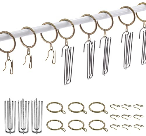 Swpeet Lot de 120 pièces Anneaux de rideau en métal bronze de 30 mm - 1,35 pouces avec crochets à 4 branches en acier inoxydable pour pincements et crochets à œil pour rideaux de fenêtre, rideaux de
