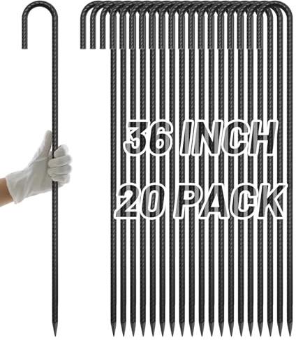 AAGUT 20-pack armeringsstavar J krok 91 cm kraftig studsmattestav stål markankare med mejselspets ände för camping tält baldakin och kedjelänkstaket, svart