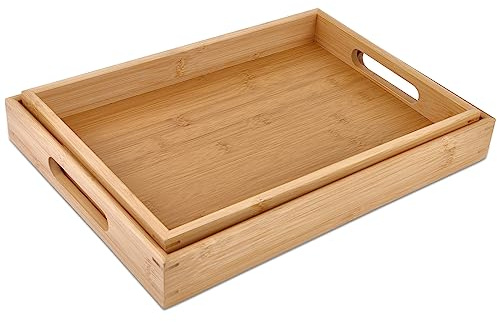Sgigiul Bamboo Dinner Food Trays for Eating On Couch Party Platters for Serving Food Decorative Tray for Kitchen Counter Rectangle(16.5 Lx11.6''W and 15.5''Lx10.6''W)