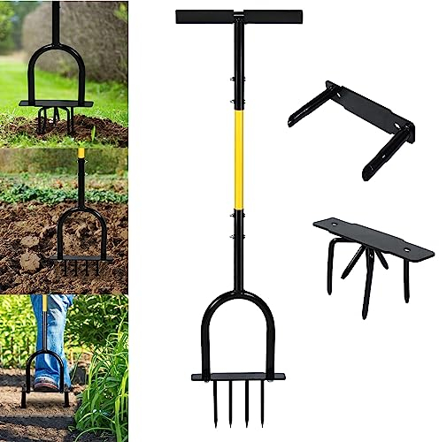 YRHome 3 en 1 manuel Aérateur de pelouse Aérateur de gazon à piques Aérateur de carottage de pelouse outil d'aération 98,5 cm Griffe de jardin multiple Sols compactés pour cour, jardin
