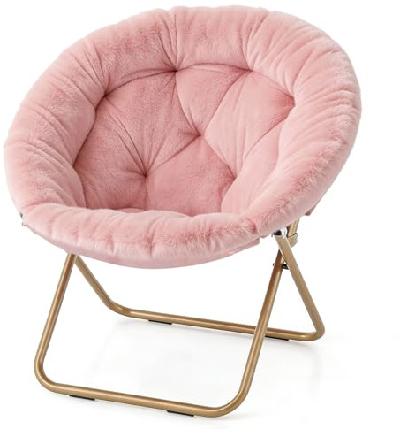 Magshion Saucer Chair for Adults, Comfy Living Room Lounge Chair for Bedroom Corner, Dorm, Apartment, Faux Fur Fluffy Circle Accent Seat with Thick Padded & Folding Metal Frame (Pink)