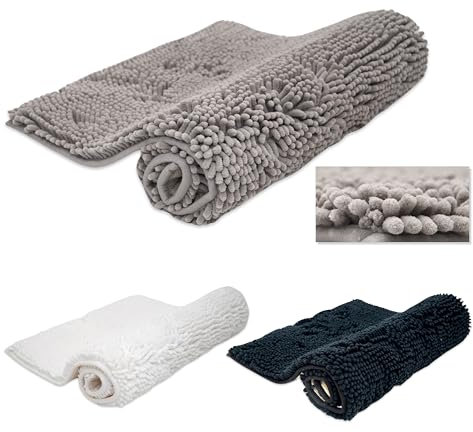 AQUALONA® Luxury Chenille Bath Mat - Incredibly Soft and Absorbent - Machine Washable - Plush Elegance - Non-Slip - Quick Drying - Bathroom Rug for Ultimate Comfort and Style(Chenille Grey)