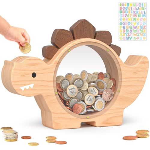 Summidate Wooden Dinosaur Piggy Bank for Kids Boys, Cute Wood Dino Money Bank for Toddlers, Creative Saving Coin Jar, Personalized Present for Child Birthday & Decor