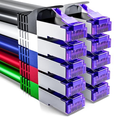 deleyCON 10x 0,5m CAT7 Cable de Red - 10 Gigabit - Corto 50cm RJ45 Ethernet (Cobre, Blindaje SFTP PiMF) - para LAN DSL Switch Módem Router Patch Panel CAT6 CAT5 - Colorido