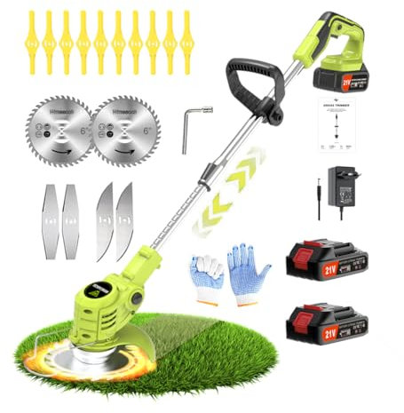 Wrneaoch Desbrozadora Bateria 21V Desbrozadora Electrica Retráctil Cortacésped con 6 000 RPM y Motor de 650 W, con 2 Baterías de 2,0 Ah, El Compañero Jardín y el Cuidado del Césped