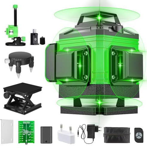 Oamger Nivel Láser Autonivelante 360°, 4 x 360°, 4D 16 Líneas, IP54 Impermeable, Verde, Laser, con Control Remoto y 2 Baterías 2600 mAh