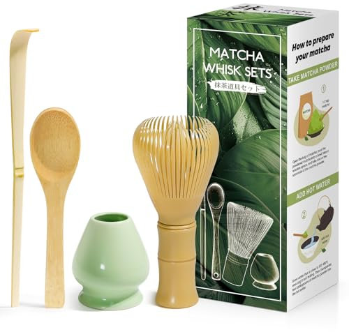 Juego de 4 piezas Matcha ceremonia japonesa, amarillo batidor de resina Chasen, cuchara de bambú, pala de bambú, portabatidor, caja matcha para la ceremonia del té, la bebida, azul celadón