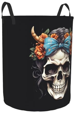 Cesto Bolsa Calavera Con Flores De Lazo Cesto De La Ropa Sucia Redondo Cesto Ropa Sucia Plegable Cestos De La Ropa Sucia Para Hotel Juguetes 40X50Cm